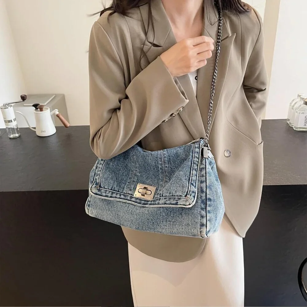 Denim Tote Bag Women Casual Retro Crossbody Shoulder Bag Handbag Durable